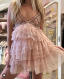 Cute A line Spaghetti Straps Pink Tulle Blush Pink Mini Short Formal 8th Grade Homecoming Dresses Summer Middle School Hoco Dress Homecoming Outfits 20th Birthday Outfit HZ1121