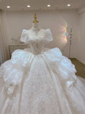 Romantic Bridal Gown Ball Gown Scoop Neck White Lace Long Wedding Dresses Minimalist Bridal Gowns HZ1121
