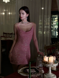 Cute Sheath Spaghetti Straps Pink Sequin Mini Short Formal 8th Grade Homecoming Dresses Summer Middle School Hoco Dress Homecoming Outfits HZ1121