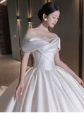 Pretty Wedding Dress Ball Gown Off The Shoulder White Long Satin Wedding Dresses Bridal Gowns Brides Gown HZ1121