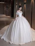 Pretty Wedding Dress Ball Gown Off The Shoulder White Long Satin Wedding Dresses Bridal Gowns Brides Gown HZ1121