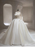 Pretty Wedding Dress Ball Gown Off The Shoulder White Long Satin Wedding Dresses Bridal Gowns Brides Gown HZ1121