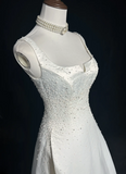 Vintage Bridal Gown A line Square Neck Sleeveless Pearls Beads Long White 70s Wedding Dresses Elegant Bridal Gowns HZ1121