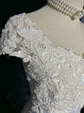 Vintage Bridal Gown 1960s A Line V Neck Short Sleeves Lace Pearls Long White 90s Wedding Dresses Elegant Bridal Gowns HZ1121