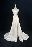 Vintage Bridal Gown A line Sweetheart Sleeveless Silver Beads Long Slit White 70s Wedding Dresses Elegant Bridal Gowns HZ1121