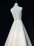 Vintage Bridal Gown A line Spaghetti Straps Sleeveless Pearls Long White 70s Wedding Dresses Elegant Bridal Gowns HZ1121