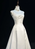 Vintage Bridal Gown A line Spaghetti Straps Sleeveless Pearls Long White 70s Wedding Dresses Elegant Bridal Gowns HZ1121