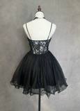 Vintage Ball Gown Spaghetti Straps Black Tulle Mini Short Formal 8th Grade Homecoming Dresses Summer Middle School Hoco Dress Homecoming Outfits Birthday Outfit HZ1121