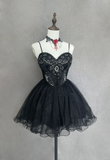 Vintage Ball Gown Spaghetti Straps Black Tulle Mini Short Formal 8th Grade Homecoming Dresses Summer Middle School Hoco Dress Homecoming Outfits Birthday Outfit HZ1121