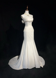 Unique Bridal Gown Mermaid Strapless Chiffon Sleeveless White 50s Wedding Dresses Modest Bridal Gowns HZ1121