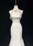 Unique Bridal Gown Mermaid Strapless Chiffon Sleeveless White 50s Wedding Dresses Modest Bridal Gowns HZ1121