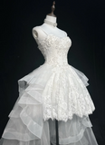 Unique Bridal Gown High Low Spaghetti Straps Lace Sleeveless White 50s Wedding Dresses Modest Bridal Gowns HZ1121