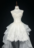 Unique Bridal Gown High Low Spaghetti Straps Lace Sleeveless White 50s Wedding Dresses Modest Bridal Gowns HZ1121
