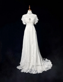 Vintage Bridal Gown 1960s A Line V Neck Short Sleeves Lace Beads Long White 90s Wedding Dresses Elegant Brides Gowns HZ1121