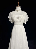 Vintage Bridal Gown 1960s A Line V Neck Short Sleeves Lace Beads Long White 90s Wedding Dresses Elegant Brides Gowns HZ1121
