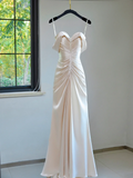 Modest Bridal Gown Sheath Off The Shoulder Light Pink Satin Pleated Long Wedding Dresses Elegant Bridal Gowns HZ1121