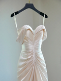Modest Bridal Gown Sheath Off The Shoulder Light Pink Satin Pleated Long Wedding Dresses Elegant Bridal Gowns HZ1121