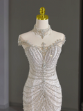 Modest Bridal Gown Mermaid Scoop Neck Cap Sleeves Tulle Silver Beads Long White Wedding Dresses Elegant Bridal Gowns HZ1121