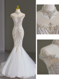 Modest Bridal Gown Mermaid Scoop Neck Cap Sleeves Tulle Silver Beads Long White Wedding Dresses Elegant Bridal Gowns HZ1121