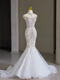 Modest Bridal Gown Mermaid Scoop Neck Cap Sleeves Tulle Silver Beads Long White Wedding Dresses Elegant Bridal Gowns HZ1121