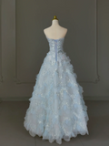 Pretty Ball Gown Sweetheart Tulle Light Blue Long Quinceanera Dress Formal Gowns Vestido De 15 Anos Sweet 16 Dress HZ1121