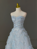 Pretty Ball Gown Sweetheart Tulle Light Blue Long Quinceanera Dress Formal Gowns Vestido De 15 Anos Sweet 16 Dress HZ1121