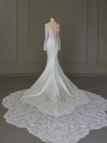 Modest Bridal Gown Mermaid Off The Shoulder White Long Sleeves Satin Lace Wedding Dresses Elegant Bridal Gowns HZ1121