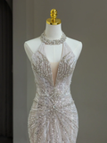 Modest Bridal Gown Mermaid Scoop Neck Tulle Silver Beads Long White Wedding Dresses Elegant Bridal Gowns HZ1121