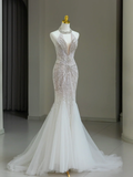 Modest Bridal Gown Mermaid Scoop Neck Tulle Silver Beads Long White Wedding Dresses Elegant Bridal Gowns HZ1121