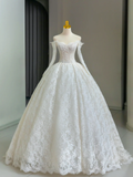 Unique Bridal Gown Ball Gown Off The Shoulder Lace Long Sleeves White 50s Wedding Dresses Vintage Bridal Gowns HZ1121