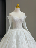 Unique Bridal Gown Ball Gown Off The Shoulder Lace Long Sleeves White 50s Wedding Dresses Vintage Bridal Gowns HZ1121