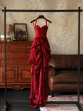 Elegant Sheath Halter Wine Red Satin Long Prom Dresses Party Dress Summer 20th Birthday Outfits 18th Birthday Dresses HZ1121