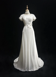 Modest Bridal Gown A line Square Neck White Short Sleeves Chiffon Wedding Dresses Timeless Brides Bridal Gowns HZ1121