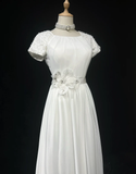 Modest Bridal Gown A line Square Neck White Short Sleeves Chiffon Wedding Dresses Timeless Brides Bridal Gowns HZ1121