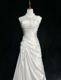 Classic Elegant Wedding Gown Mermaid One Shoulder Long White Satin 70s Wedding Dresses Vintage Bridal Gowns HZ1121