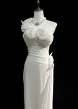 Unique Wedding Dress Sheath One Shoulder Chiffon White Flowers 90s Wedding Dresses Vintage Bridal Gowns HZ1121