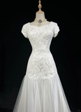 Classic Elegant Wedding Gown Mermaid Short Sleeves White Lace 80s Wedding Dresses Vintage Bridal Gowns HZ1121