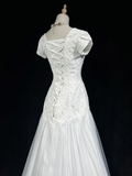 Classic Elegant Wedding Gown Mermaid Short Sleeves White Lace 80s Wedding Dresses Vintage Bridal Gowns HZ1121