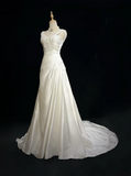 Unique Wedding Dress A Line V Neck White Satin Beads 90s Wedding Dresses Vintage Bridal Gowns HZ1121