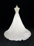 Unique Wedding Dress A Line V Neck White Satin Beads 90s Wedding Dresses Vintage Bridal Gowns HZ1121