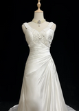 Unique Wedding Dress A Line V Neck White Satin Beads 90s Wedding Dresses Vintage Bridal Gowns HZ1121
