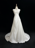 Unique Wedding Dress A Line V Neck White Satin Beads 90s Wedding Dresses Vintage Bridal Gowns HZ1121