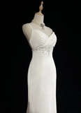 Unique Wedding Dress Mermaid Spaghetti Straps White Chiffon Beads 90s Wedding Dresses Vintage Bridal Gowns HZ1121