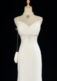 Unique Wedding Dress Mermaid Spaghetti Straps White Chiffon Beads 90s Wedding Dresses Vintage Bridal Gowns HZ1121