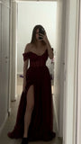 Elegant A line Off The Shoulder Burgundy Tulle Long Prom Dresses Party Dress Summer 20th Birthday Outfits 18th Birthday Dresses HZ1121
