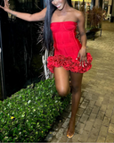 Sexy Sheath Strapless Red Satin Mini Short Formal 8th Grade Homecoming Dresses Summer Middle School Hoco Dress 18th Birthday Outfits HZ1121