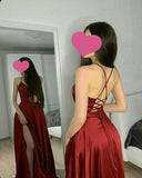 Elegant A line Halter Backless Burgundy Satin Long Prom Dresses Party Dress Summer 20th Birthday Outfits 18th Birthday Dresses HZ1121