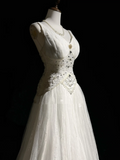 Unique Bridal Dress A Line V Neck White Tulle Long 90s Wedding Dresses Vintage Bride Dress Bridal Gowns HZ1121