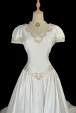 Classic Wedding Dress Ball Gown V Neck White Satin Long 70s Wedding Dresses Vintage Bride Dress Bridal Gowns HZ1121