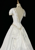 Classic Wedding Dress Ball Gown V Neck White Satin Long 70s Wedding Dresses Vintage Bride Dress Bridal Gowns HZ1121